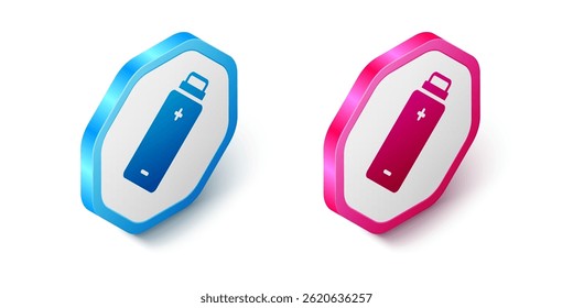 Isometric Battery charge level indicator icon isolated on white background. Hexagon button. Vector