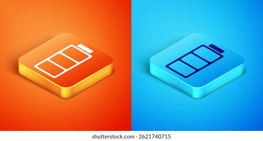 Isometric Battery charge level indicator icon isolated on orange and blue background.  Vector