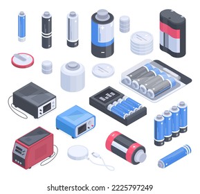 Isometric battery, charging plugs, power electricity elements. Energy power metallic alkaline accumulators 3d vector illustration set. Charging batteries collection