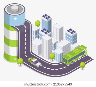 Batería isométrica con auto eléctrico y bus público urbano en la carretera, paneles solares en techos de construcción, ilustración vectorial plana. Energía verde. Transporte ecológico de la ciudad, vehículos eléctricos.