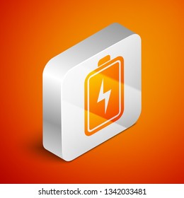 Isometric Battery icon isolated on orange background. Lightning bolt symbol. Silver square button. Vector Illustration