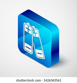 Isometric Battery icon isolated on white background. Lightning bolt symbol. Blue square button. Vector Illustration