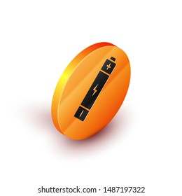Isometric Battery icon isolated on white background. Lightning bolt symbol. Orange circle button. Vector Illustration