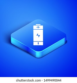 Isometric Battery icon isolated on blue background. Lightning bolt symbol. Blue square button. Vector Illustration