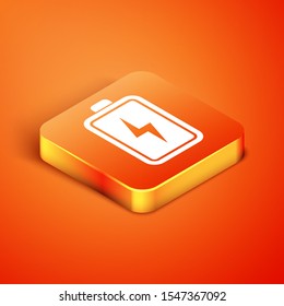 Isometric Battery icon isolated on orange background. Lightning bolt symbol.  Vector Illustration