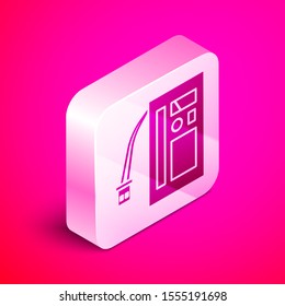 Isometric Battery icon isolated on pink background. Accumulator battery energy power and electricity accumulator battery. Silver square button. Vector Illustration