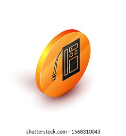 Isometric Battery icon isolated on white background. Accumulator battery energy power and electricity accumulator battery. Orange circle button. Vector Illustration