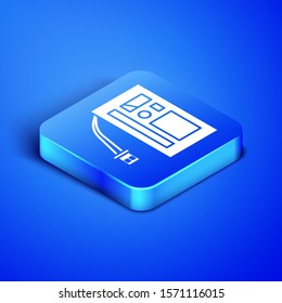 Isometric Battery icon isolated on blue background. Accumulator battery energy power and electricity accumulator battery. Blue square button. Vector Illustration