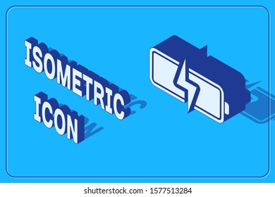 Isometric Battery icon isolated on blue background. Lightning bolt symbol.  Vector Illustration