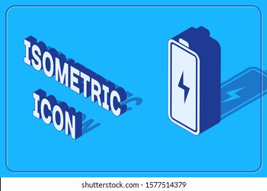 Isometric Battery icon isolated on blue background. Lightning bolt symbol.  Vector Illustration