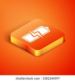 Isometric Battery icon isolated on orange background. Lightning bolt symbol.  Vector Illustration