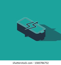 Isometric Battery icon isolated on green background. Lightning bolt symbol.  Vector Illustration