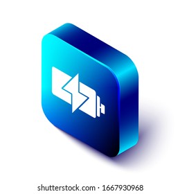 Isometric Battery icon isolated on white background. Lightning bolt symbol. Blue square button. Vector Illustration