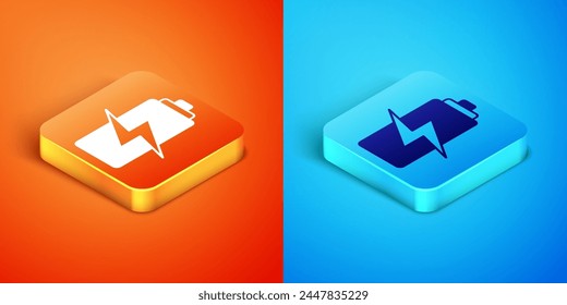 Icono de batería isométrica aislado sobre fondo naranja y azul. Símbolo de relámpago.  Vector