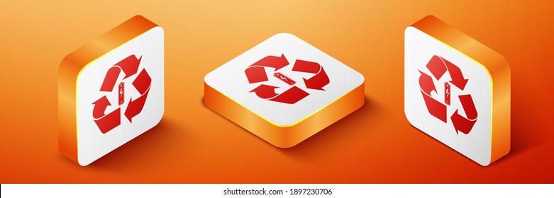 Isometric Battery with recycle symbol icon isolated on orange background. Battery with recycling symbol - renewable energy concept. Orange square button. Vector.