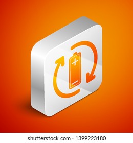 Isometric Battery with recycle symbol line icon isolated on orange background. Battery with recycling symbol - renewable energy concept. Silver square button. Vector Illustration