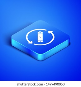 Isometric Battery with recycle symbol line icon isolated on blue background. Battery with recycling symbol - renewable energy concept. Blue square button. Vector Illustration
