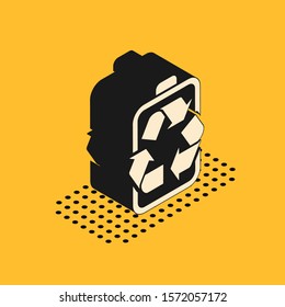 Isometric Battery with recycle symbol line icon isolated on yellow background. Battery with recycling symbol - renewable energy concept.  Vector Illustration