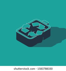 Isometric Battery with recycle symbol line icon isolated on green background. Battery with recycling symbol - renewable energy concept.  Vector Illustration