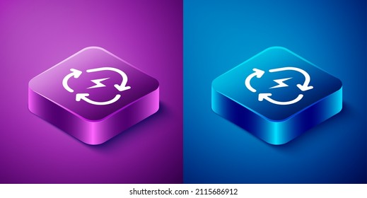 Isometric Battery with recycle symbol line icon isolated on blue and purple background. Battery with recycling symbol - renewable energy concept. Square button. Vector