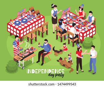 Isometric bbq barbecue 4 july usa independence day composition with images of tables people and food vector illustration