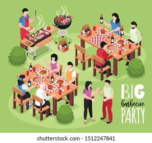 Isometric bbq barbecue composition with view of outdoor party with human characters tables seats and grill vector illustration