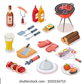 Isometric BBQ icons collection grilled meat, vegetables, fish, beer, sauces, sausages. Barbecue grill for summer picnic. Vector illustration