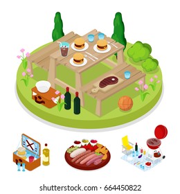 Isometric BBQ Picnic Party. Summer Holiday Camp. Grilled Meat Burgers. Vector flat 3d illustration
