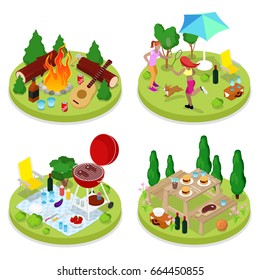 Isometric BBQ Picnic Party. Summer Holiday Camp. People in Park with Grilled Meat. Vector flat 3d illustration