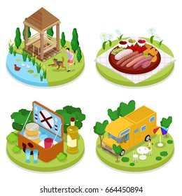 Isometric BBQ Picnic Party. Summer Holiday Camp. People in Park with Grilled Meat. Vector flat 3d illustration