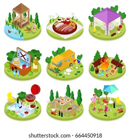 Isometric BBQ Picnic. Summer Holiday Camp. People in Park with Grilled Meat. Vector flat 3d illustration