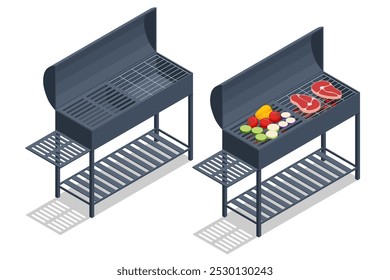 Escena de barbacoa isométrica con una parrilla con varias carnes y verduras cocinando sobre una llama abierta. La configuración captura la esencia de la barbacoa al aire libre, perfecta para reuniones y cocina informal de verano