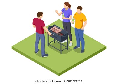 Escena de barbacoa isométrica con una parrilla con varias carnes y verduras cocinando sobre una llama abierta. La configuración captura la esencia de la barbacoa al aire libre, perfecta para reuniones y cocina informal de verano