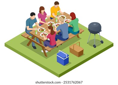 Cena de churrasco isométrica com uma grelha com várias carnes e vegetais cozinhando sobre uma chama aberta. Churrasco ao ar livre, perfeito para reuniões e culinária de verão casual. Festa de churrasco na piscina.