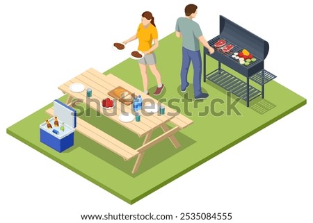 Isometric BBQ scene featuring a grill with various meats and vegetables cooking over an open flame. Outdoor barbecue, perfect for gatherings and casual summer cooking. Barbecue party by the pool.