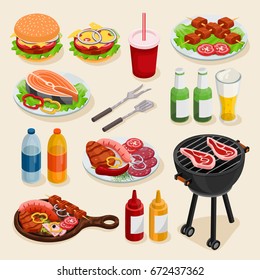 Isometric bbq set of elements: grilled meat, grilled vegetables, fish, sauces, sausages, beer, drinks, burger. Summer picnic with food and drinks. Barbecue party in the open air. Vector illustration