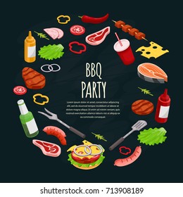 Isometric bbq set of elements: grilled meat, grilled vegetables, fish, sauces, sausages, beer, drinks, burger. Summer picnic with food and drinks. Barbecue party in the open air. Vector illustration