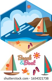 isometric beach and boat with vector icon