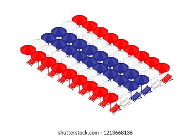 Isometric beach or deck chair with umbrella in row, Thailand national flag shape concept design illustration isolated on white background, Editable stroke