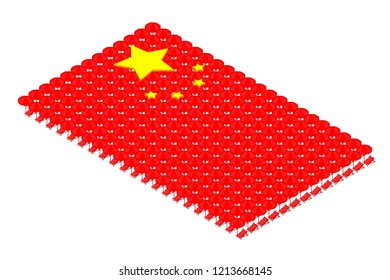 Isometric beach or deck chair with umbrella in row, China national flag shape concept design illustration isolated on white background, Editable stroke