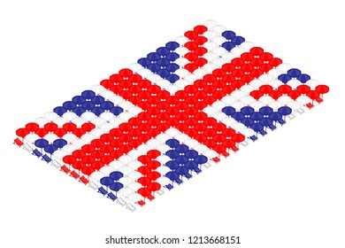 Isometric beach or deck chair with umbrella in row, United Kingdom national flag shape concept design illustration isolated on white background, Editable stroke