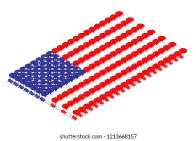 Isometric beach or deck chair with umbrella in row, United States national flag shape concept design illustration isolated on white background, Editable stroke