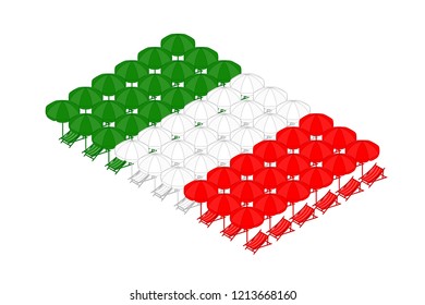 Isometric beach or deck chair with umbrella in row, Italy national flag shape concept design illustration isolated on white background, Editable stroke