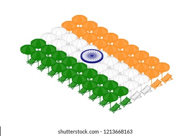 Isometric beach or deck chair with umbrella in row, India national flag shape concept design illustration isolated on white background, Editable stroke