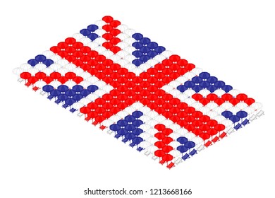 Isometric beach or deck chair with umbrella in row, United Kingdom national flag shape concept design illustration isolated on white background, Editable stroke
