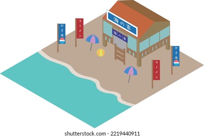 Isometric Beach House.
Translation：shaved Ice, Ramen, Beach House,