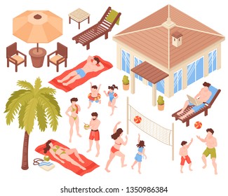 Isometric beach house tropic holidays people set with isolated human characters house and tropical plants images vector illustration
