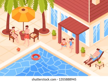 Isometric beach house tropic holidays composition with view of modern villa buildings with people and pool vector illustration