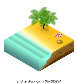 Isometric beach with palms and beach umbrella. Vector illustration.