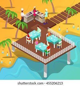 Isometric Beach Restaurant. BBQ, Chef Cooking Meat. Vector illustration